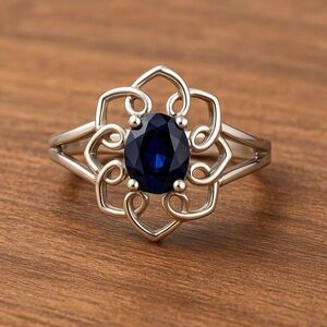 Blue Sapphire Genuine Natural Gemstone Floral Twist Setting 925 Silver NWT 8 376